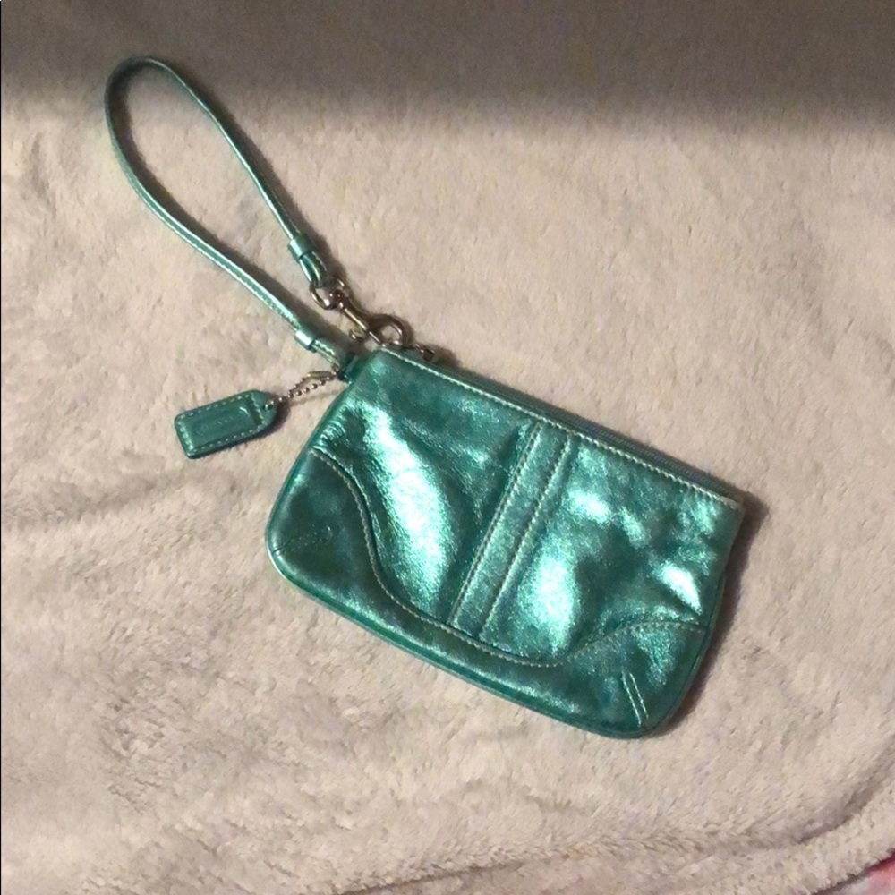 Coach metallic turquoise wristlet wallet bag